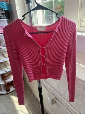 Urban Outfitters Pink Ribbed Button-Loop Crop Cardigan Y2K 2000s